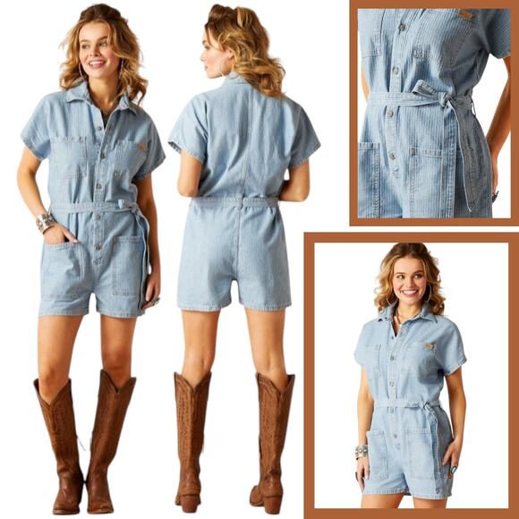 Ariat NEW Western Romper Shorts Womens XL Herringbone Denim Utility Cowgirl Boho - Picture 2 of 9